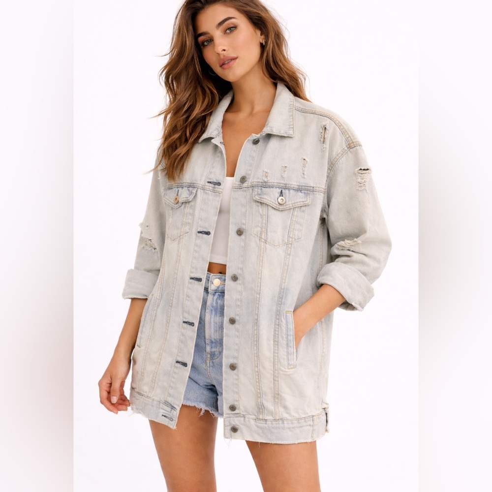 Oversized Distressed Denim Jacket Light Wash Longline 3/4 Sleeve M